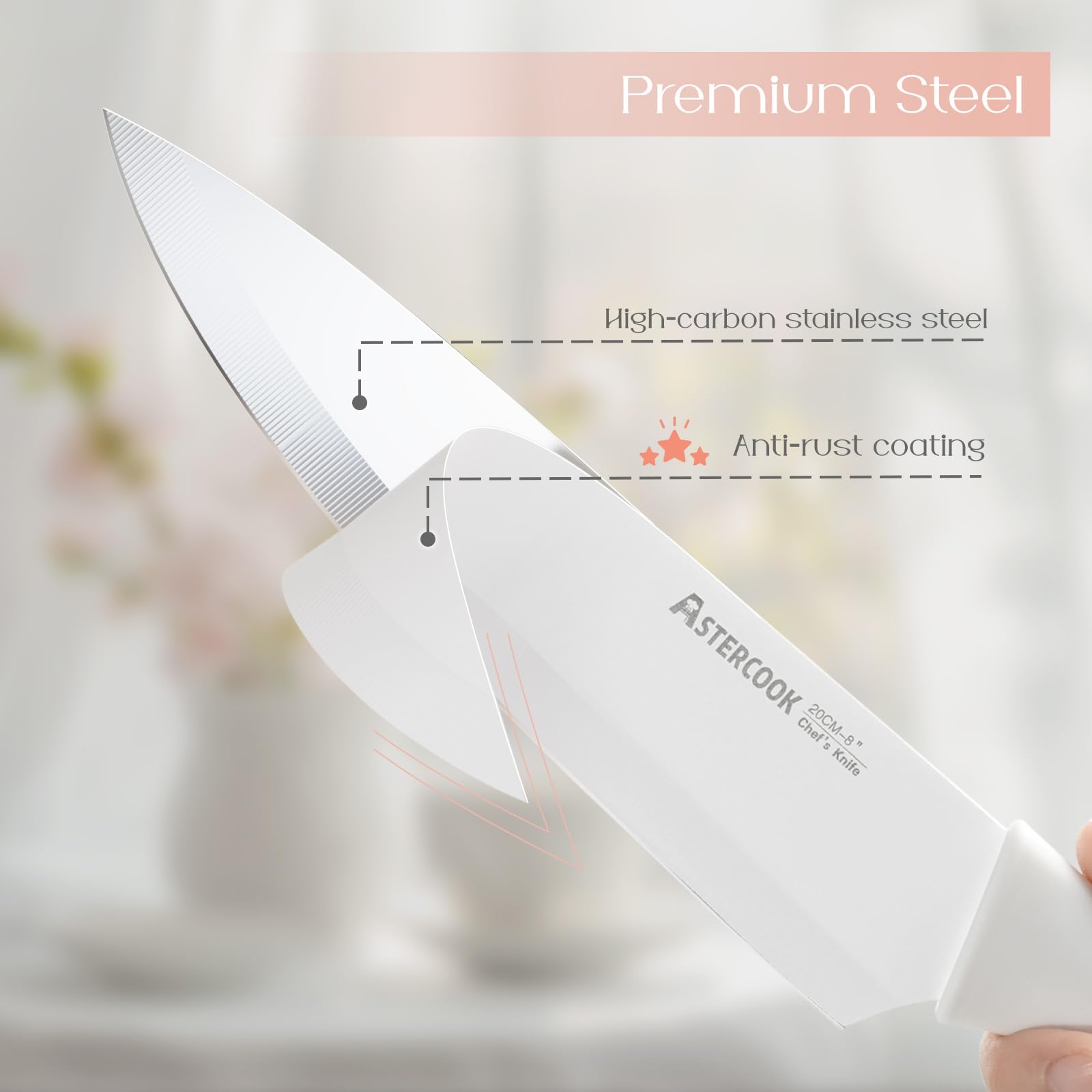 Astercook ceramic-coated blades deliver smooth, precise cuts for various ingredients