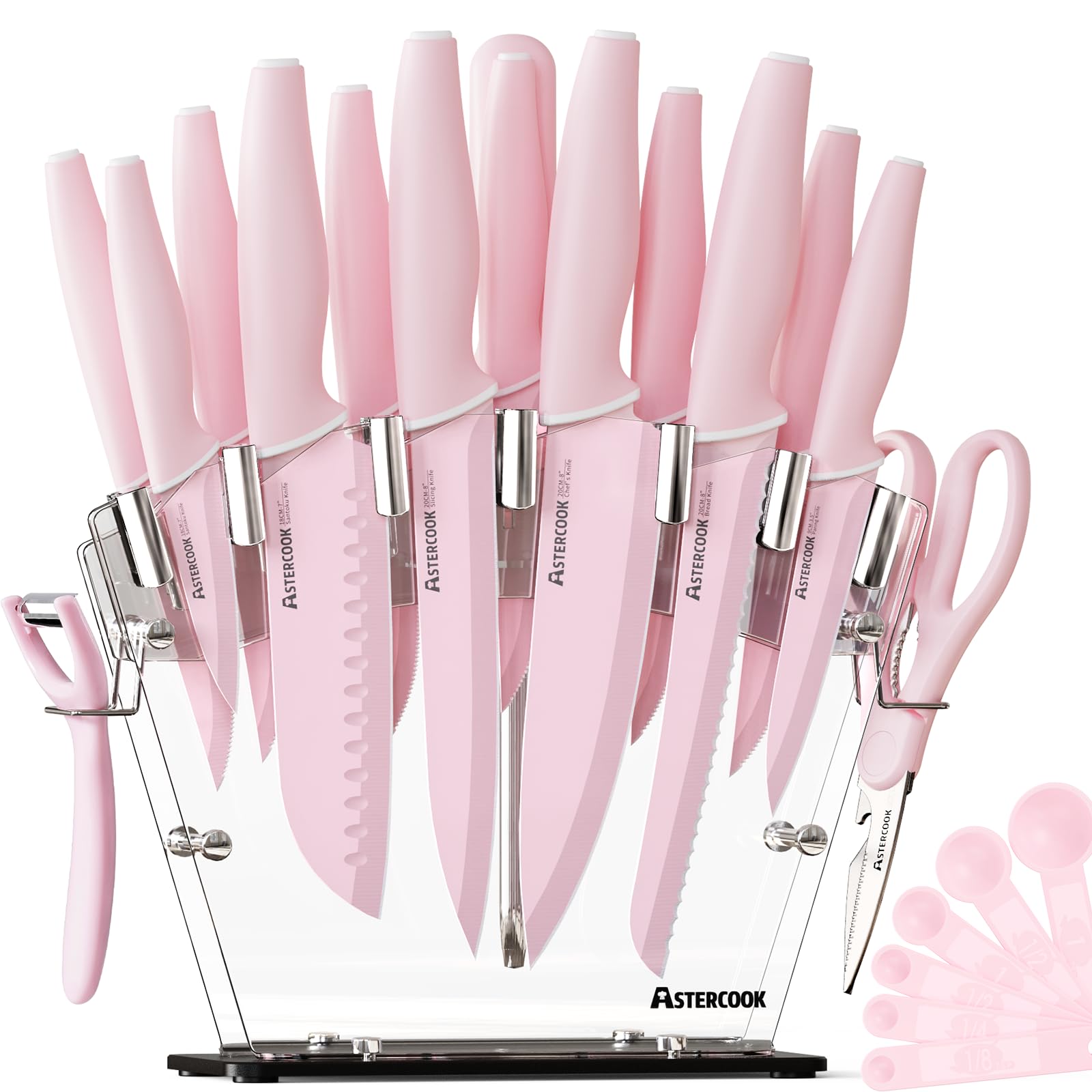 Astercook knife set displayed in a clear pink block for easy access