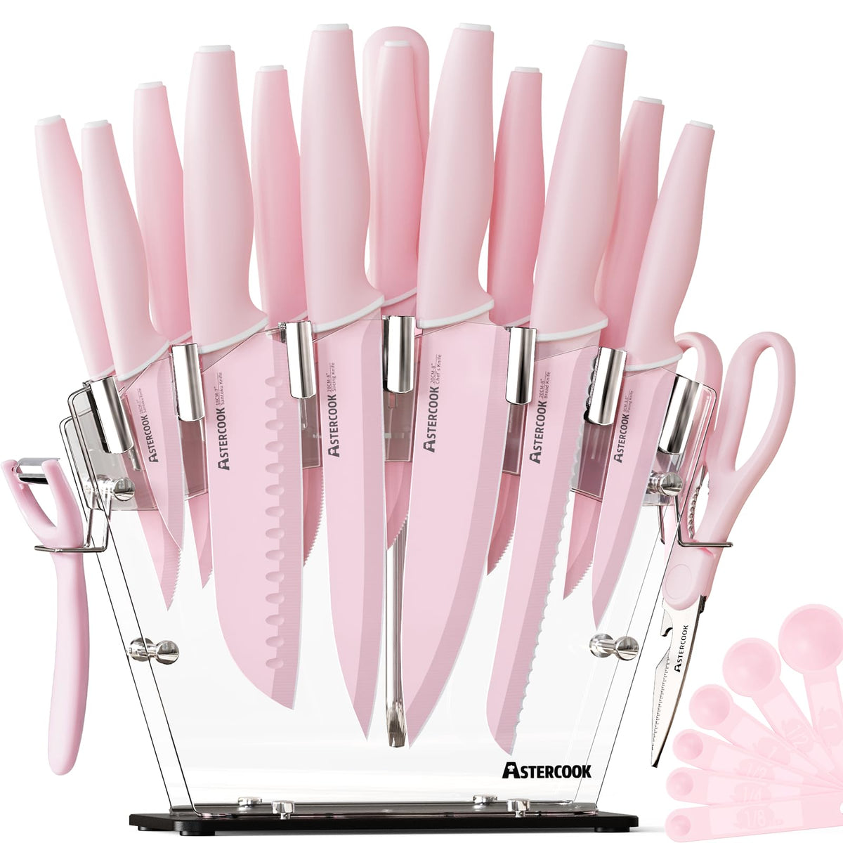 Astercook knife set displayed in a clear pink block for easy access