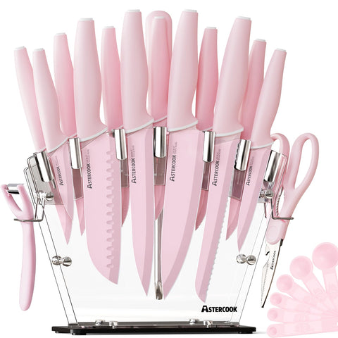 Astercook knife set displayed in a clear pink block for easy access