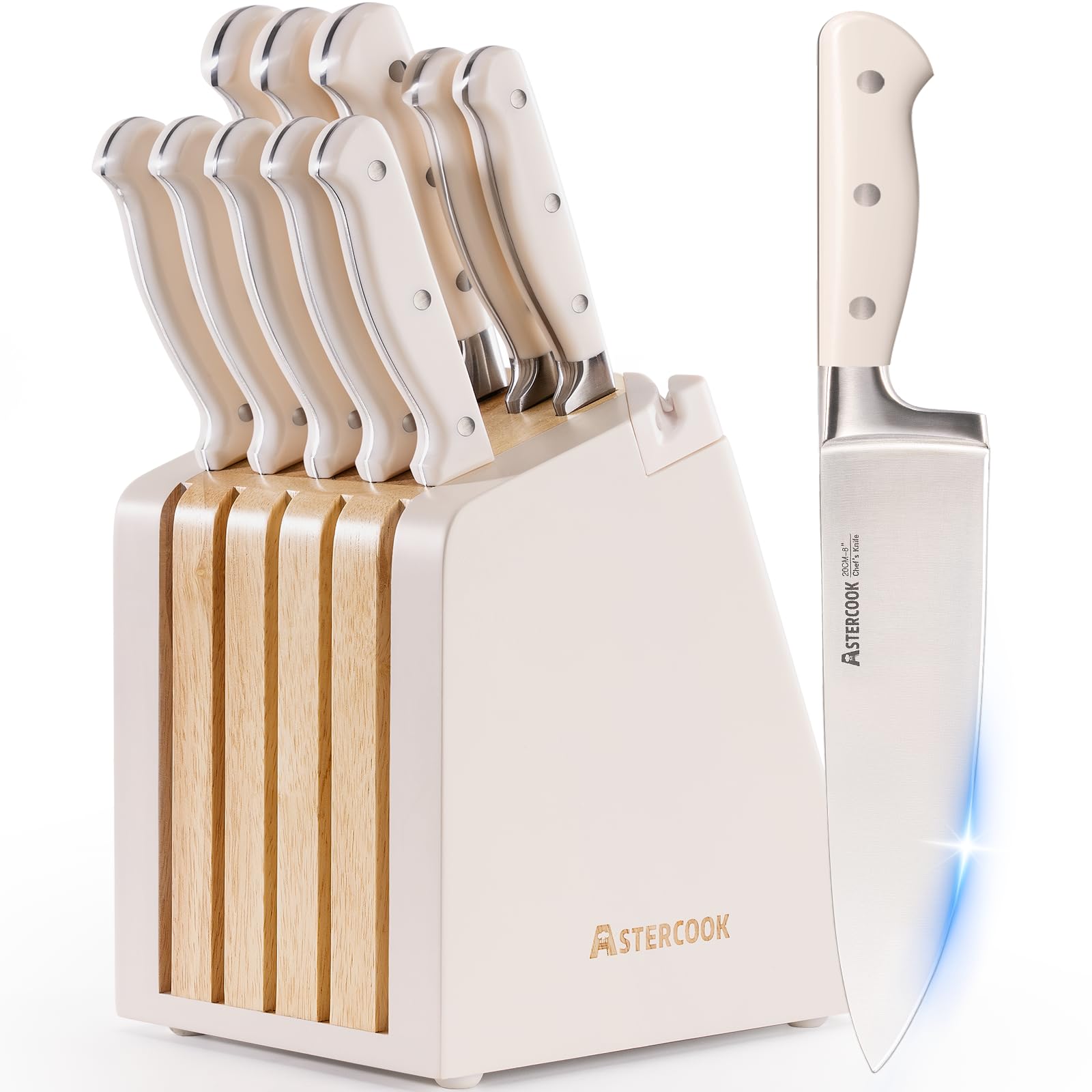 Astercook knife set in cream white block for organized storage.