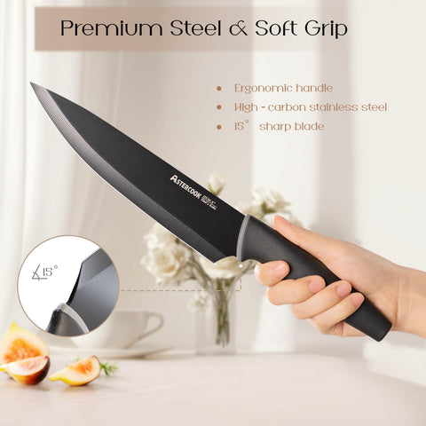Astercook knife set dishwasher-safe label indicating easy cleanup after meals