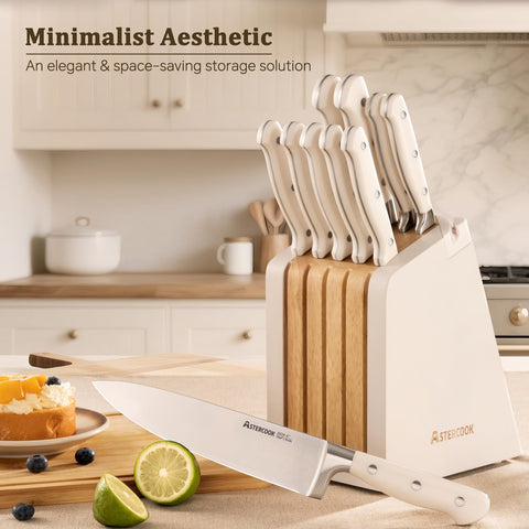 Astercook knife set with full tang and ergonomic handles.