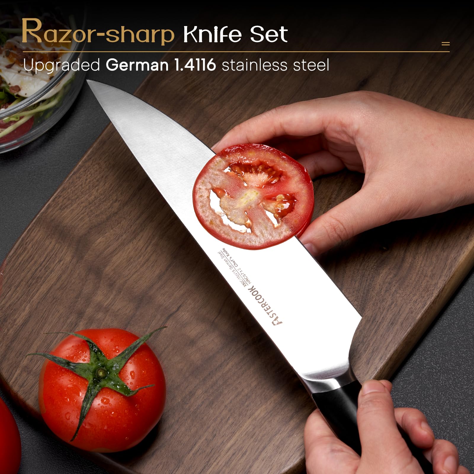 Astercook knife set features full tang with ergonomic handle for balanced, comfortable chopping.