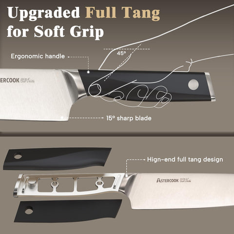 Astercook knife set full tang handle provides balanced, comfortable grip.