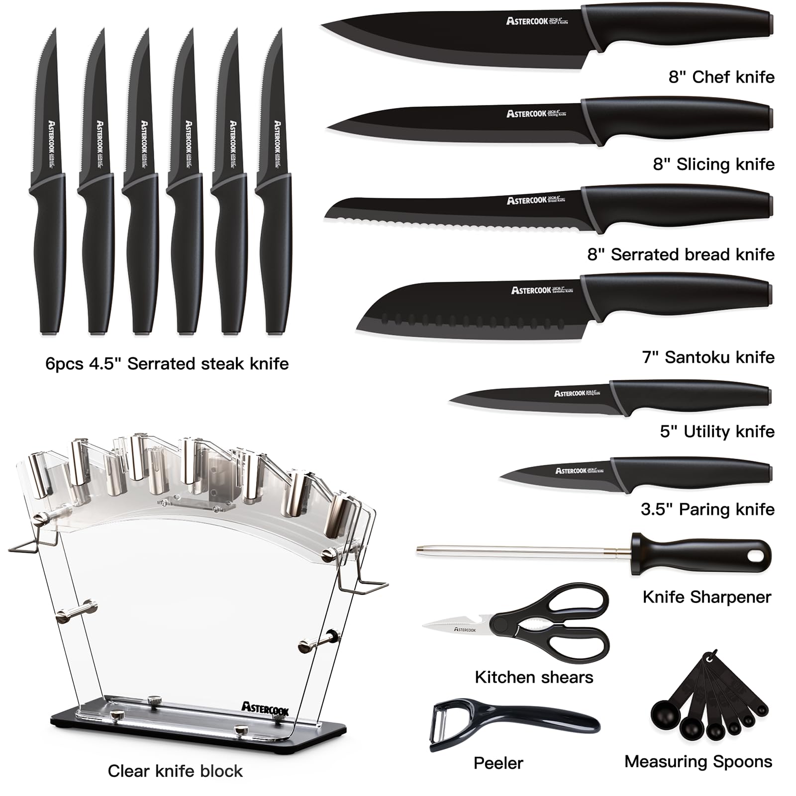 Astercook knife set on a clean counter promoting organized home cooking