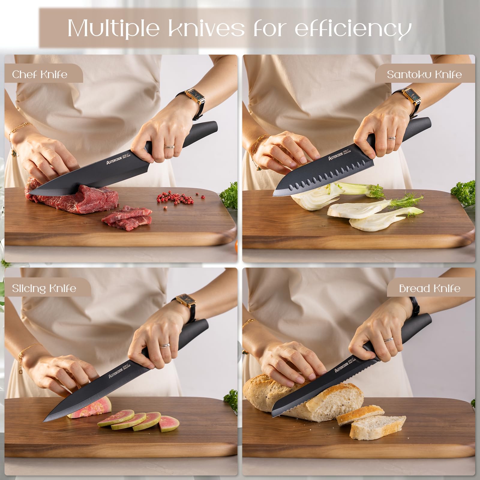 Astercook knife set with built-in sharpener inside block for quick edge maintenance