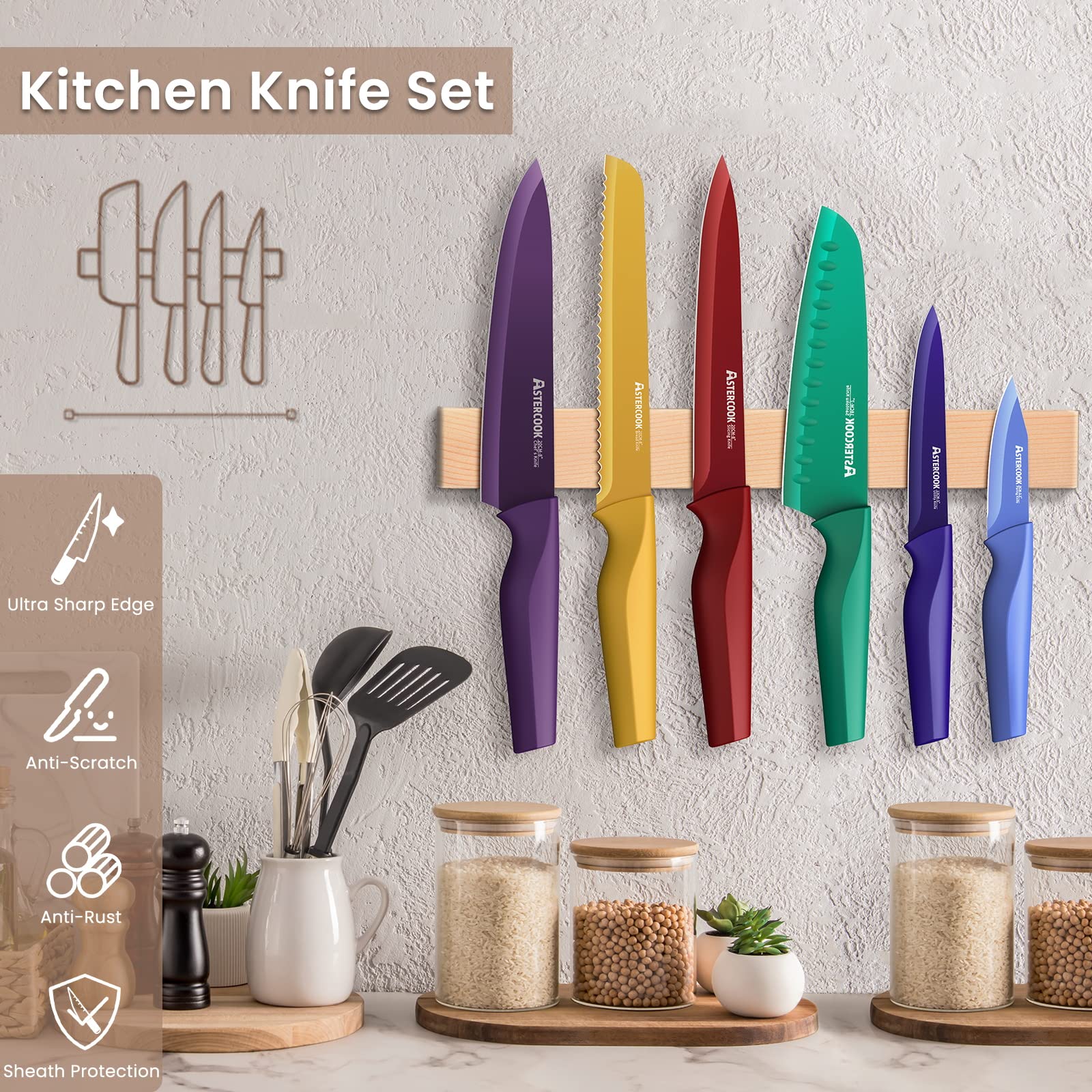 Astercook set showing six color blade guards for organized storage.