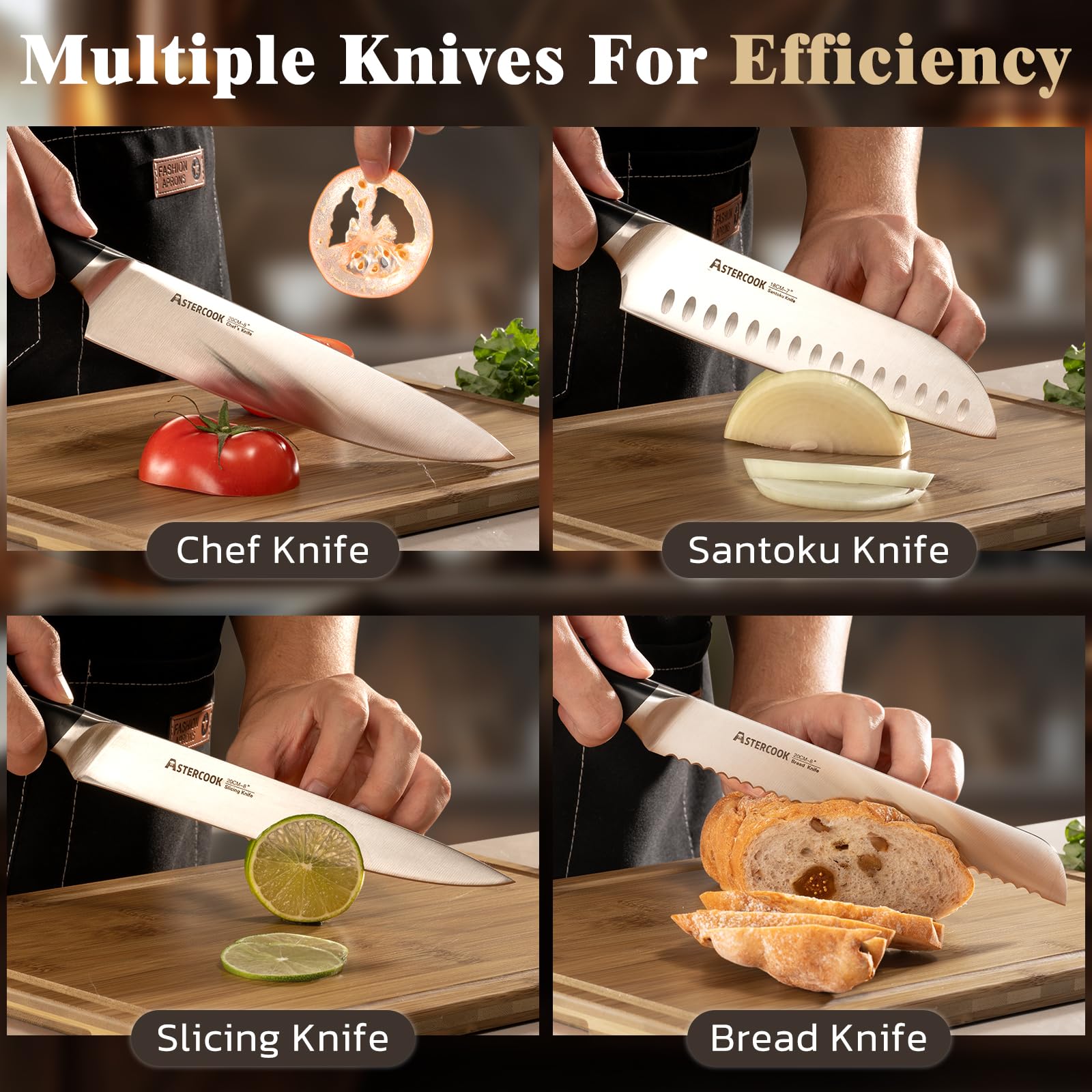 Astercook knife set variety of knives covers many kitchen tasks.