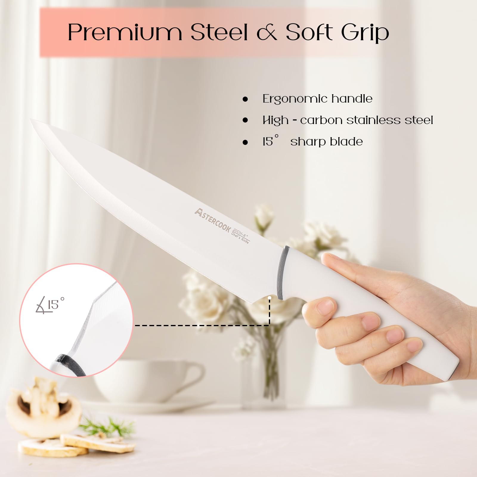 Astercook knife sharpener included for maintaining blade edges between uses.