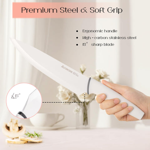 Astercook knife sharpener included for maintaining blade edges between uses.