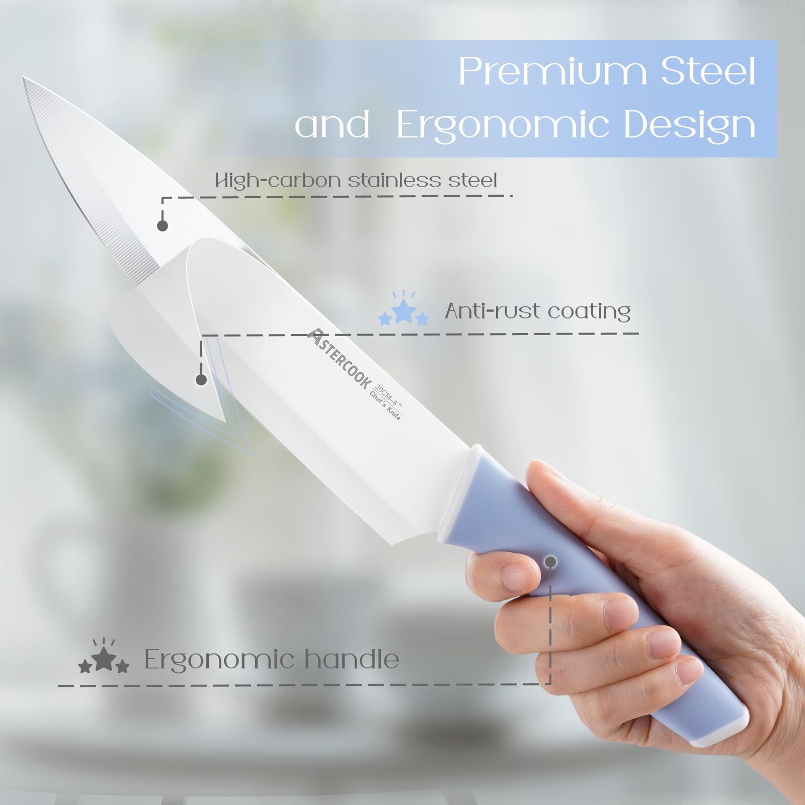 Astercook blade with no-stick coating for smooth, easy slicing.