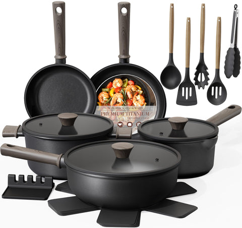 Astercook non-stick pots and pans set – top view, ready for easy, flavorful meals.