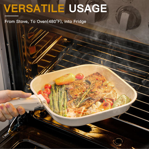 Astercook oven-safe cream-white cookware suitable for baking and finishing dishes.