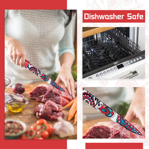 Astercook Paisley rainbow knives shown with dishwasher-safe convenience.