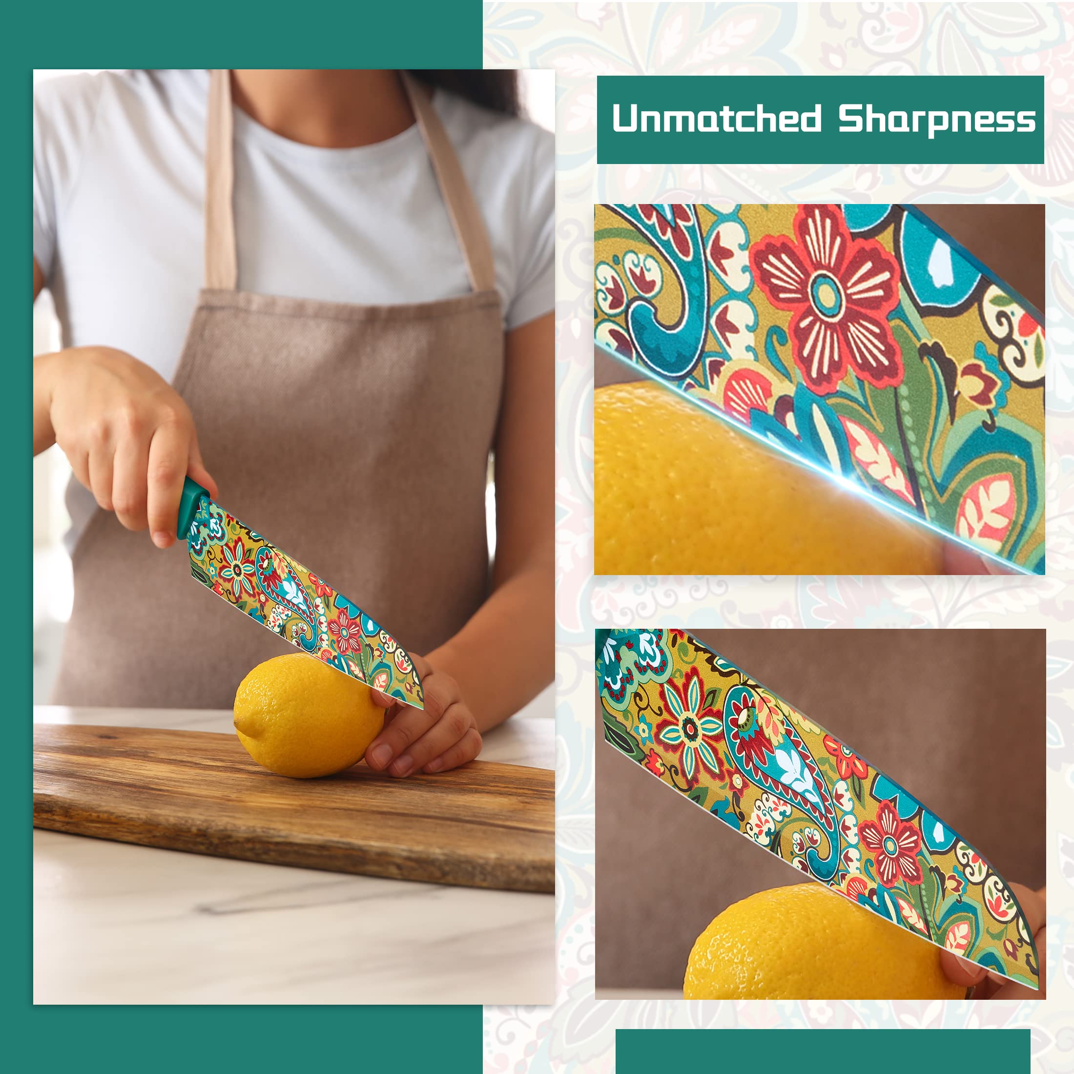 Astercook Paisley knife set arranged to showcase included knives.