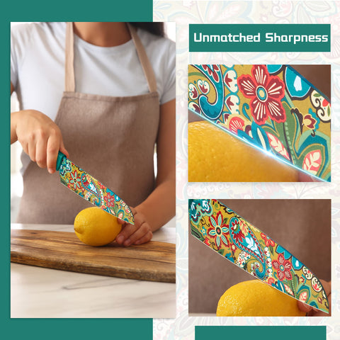 Astercook Paisley knife set arranged to showcase included knives.