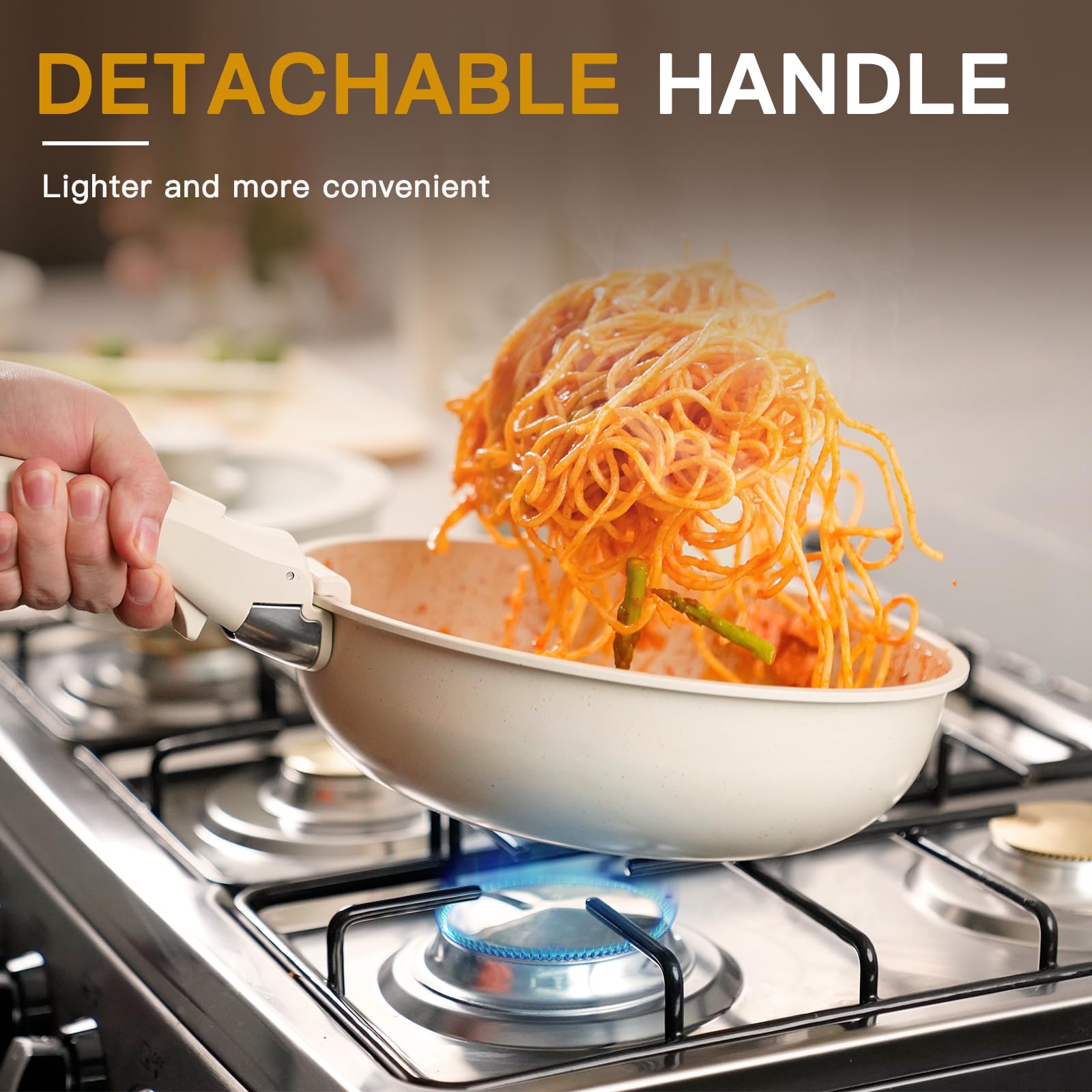Astercook removable-handle pots and pans showing detachable design.