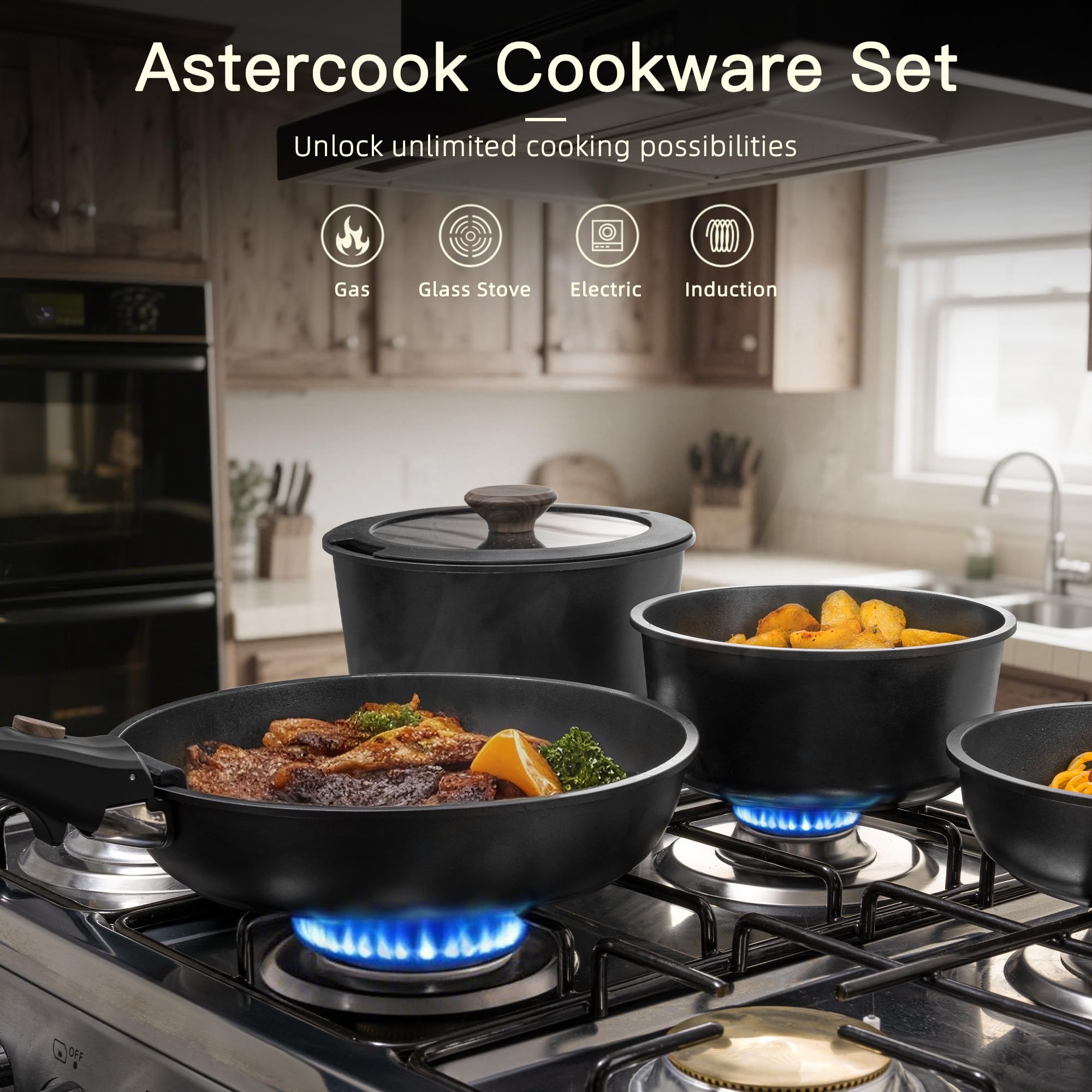 Astercook cookware with removable handle for space-saving storage and easy washing.