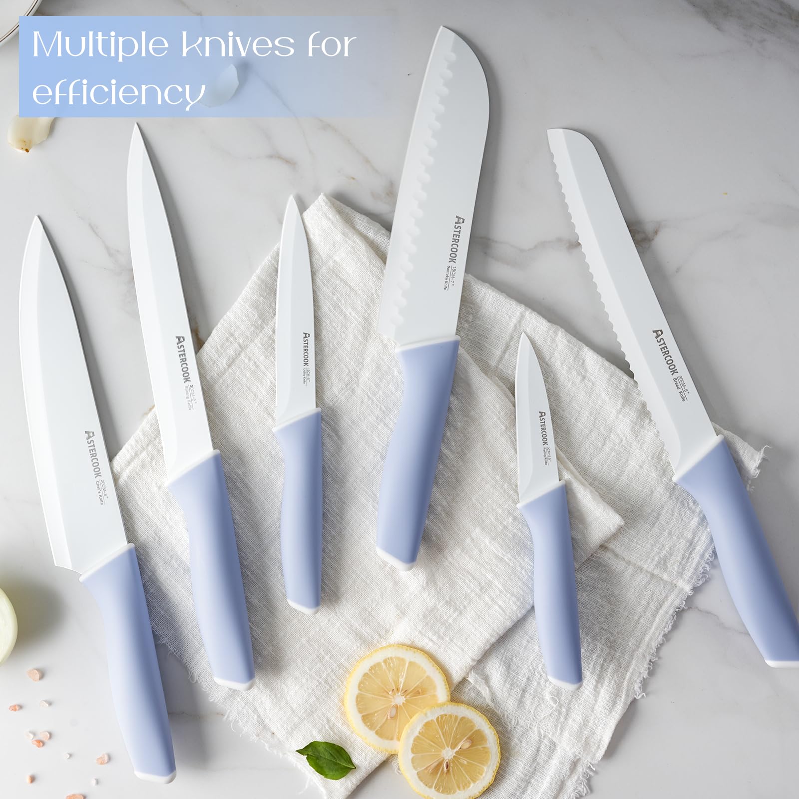 Astercook satin stainless steel blades deliver long-lasting sharpness.
