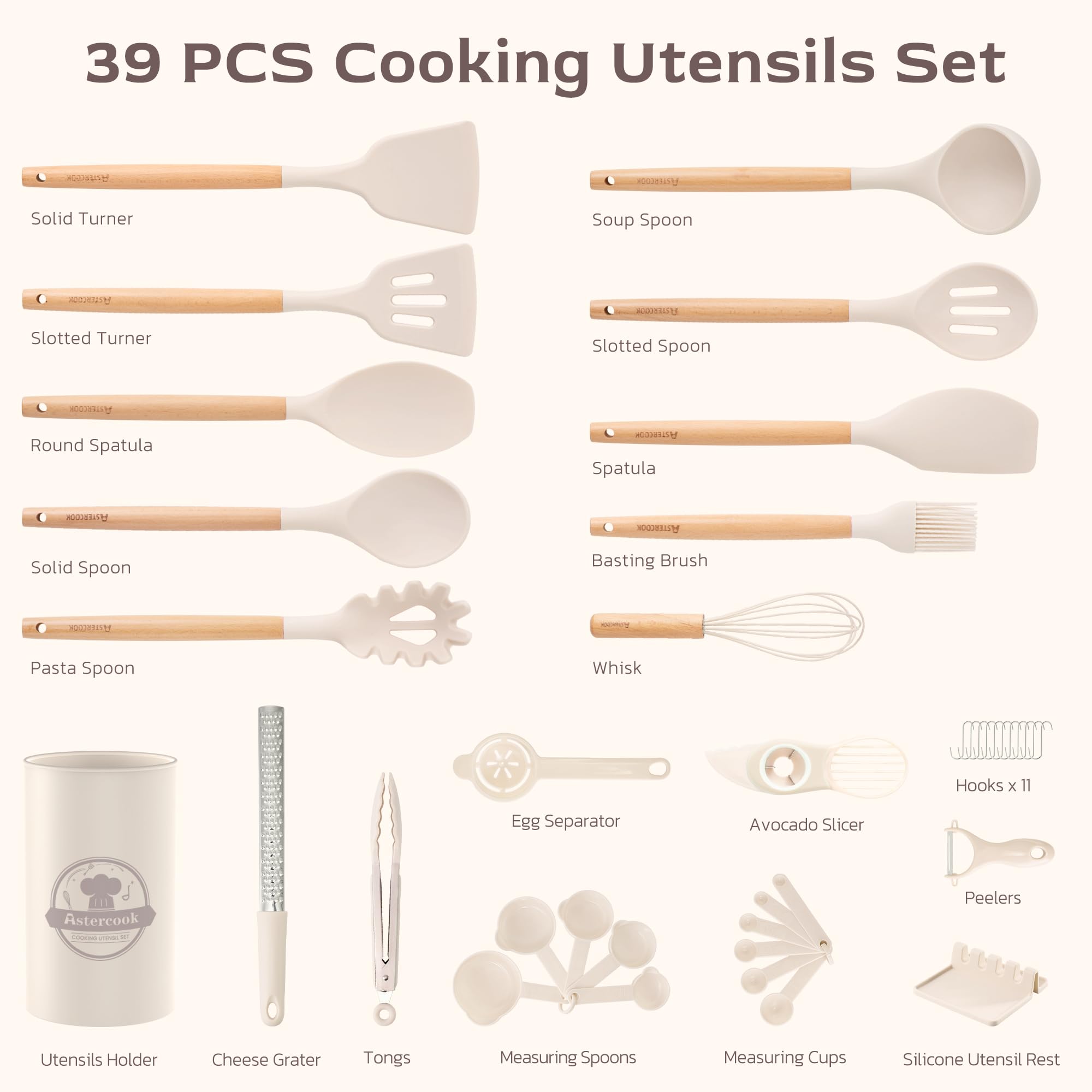 Astercook silicone utensil head close-up shows heat resistance for high-heat cooking.