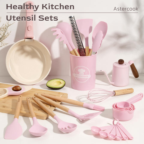 Astercook silicone utensils with wooden handles, providing precise control during cooking.