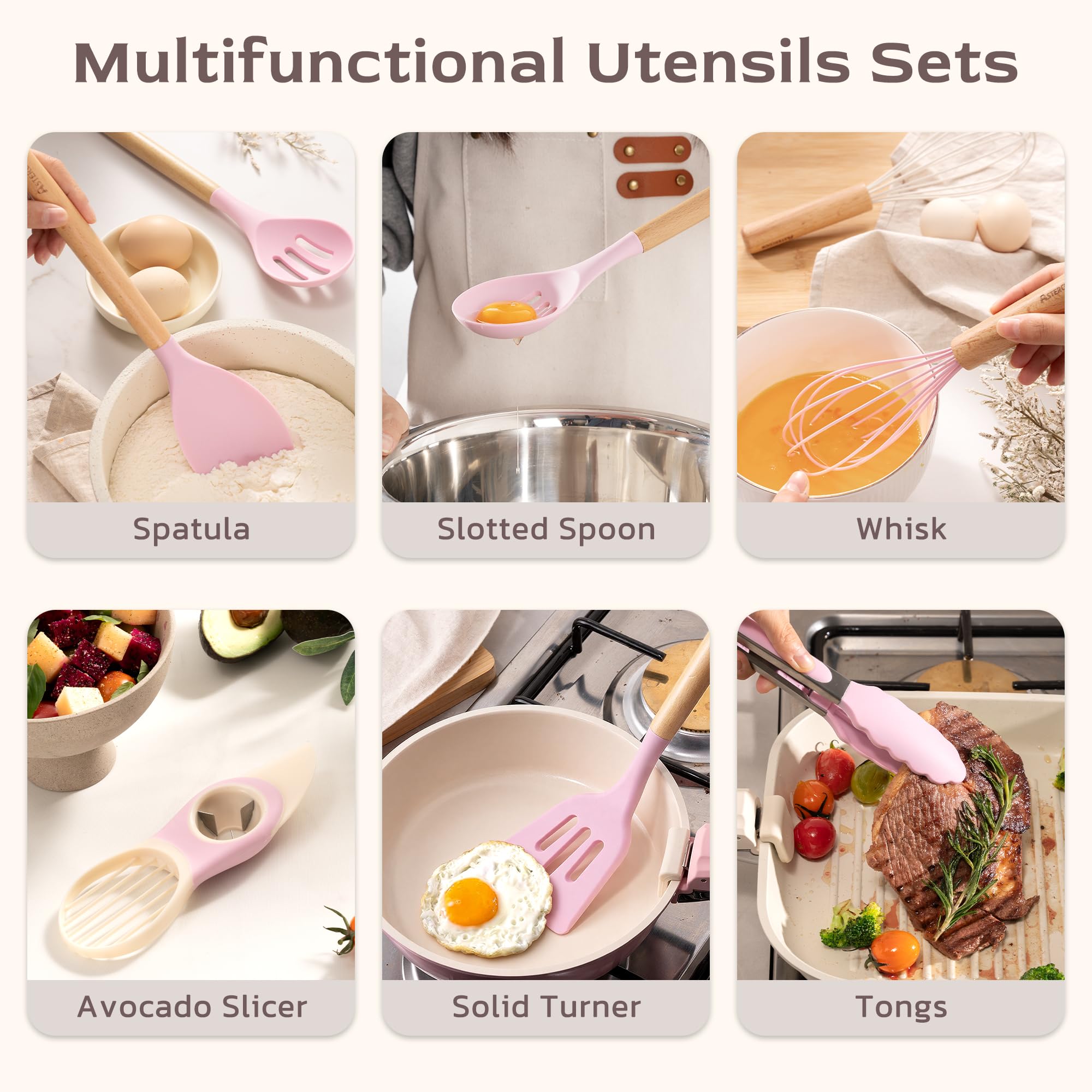 Astercook soft silicone heads prevent scratching nonstick cookware.