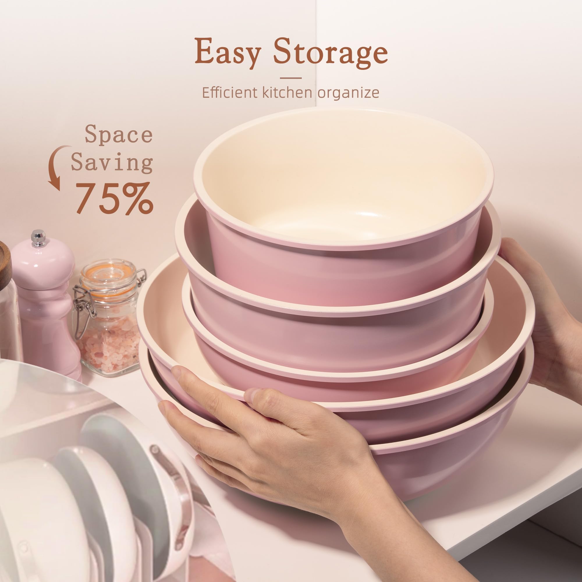Astercook stackable design saves cabinet space and keeps countertops tidy.