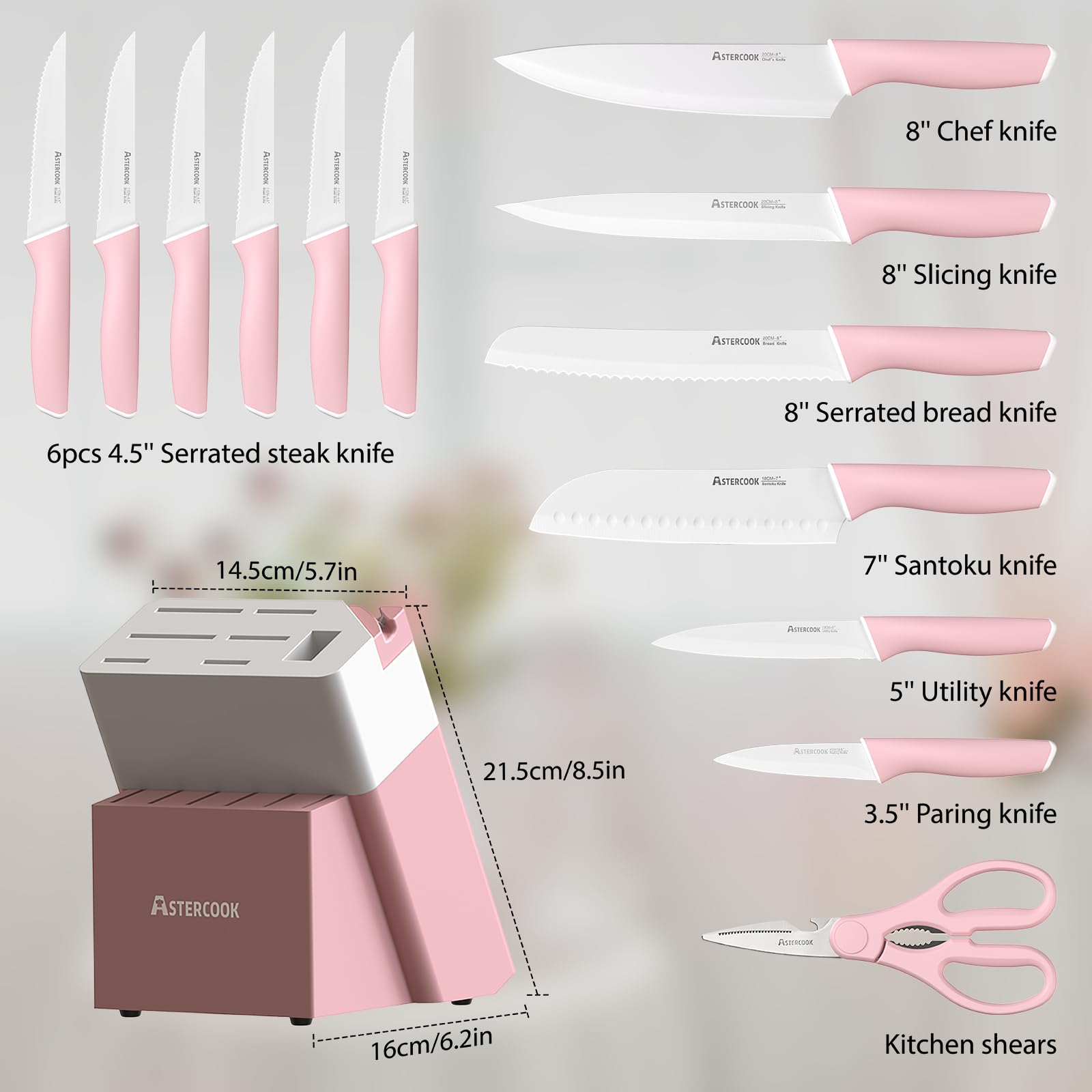 Astercook wooden knife block holds knives in a stylish display.