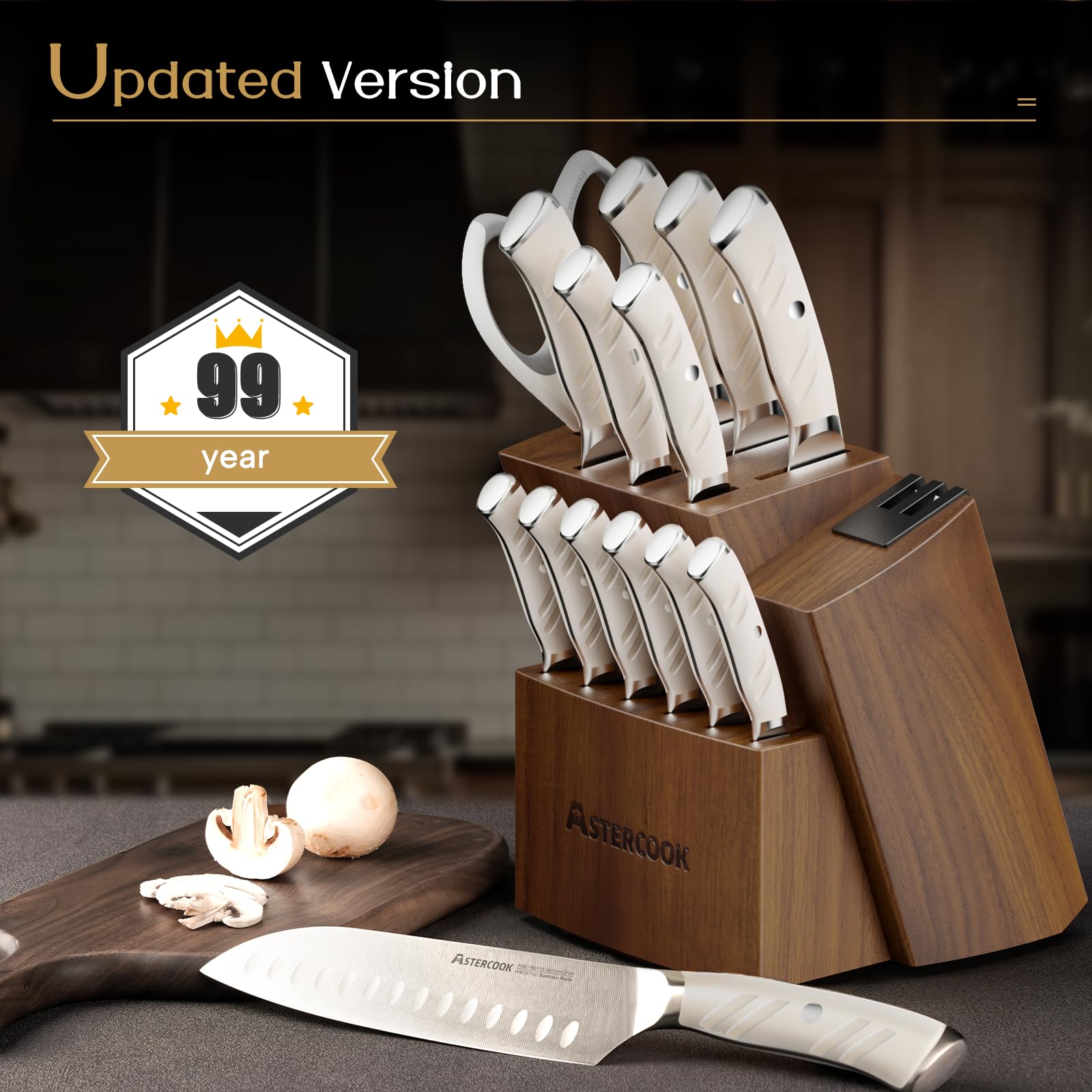 Astercook solid wood block with built-in dual sharpener on display