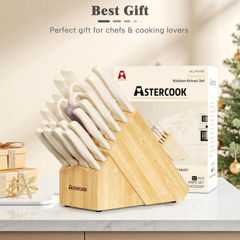 Astercook natural rubberwood block with integrated sharpener and blade storage