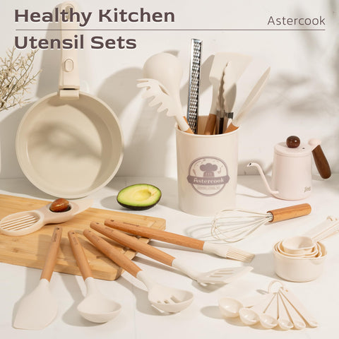 Astercook wooden-handle utensils detail highlights ergonomic grip and durable build.