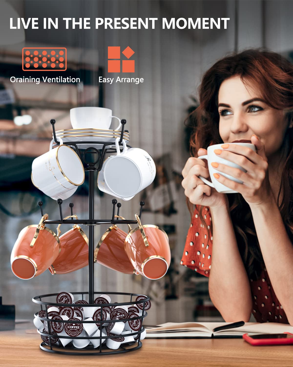 ASTLIHO mug tree top tray; quick-access surface for cups and small items.