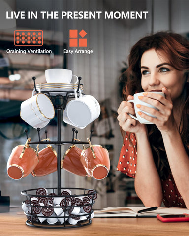 ASTLIHO mug tree top tray; quick-access surface for cups and small items.