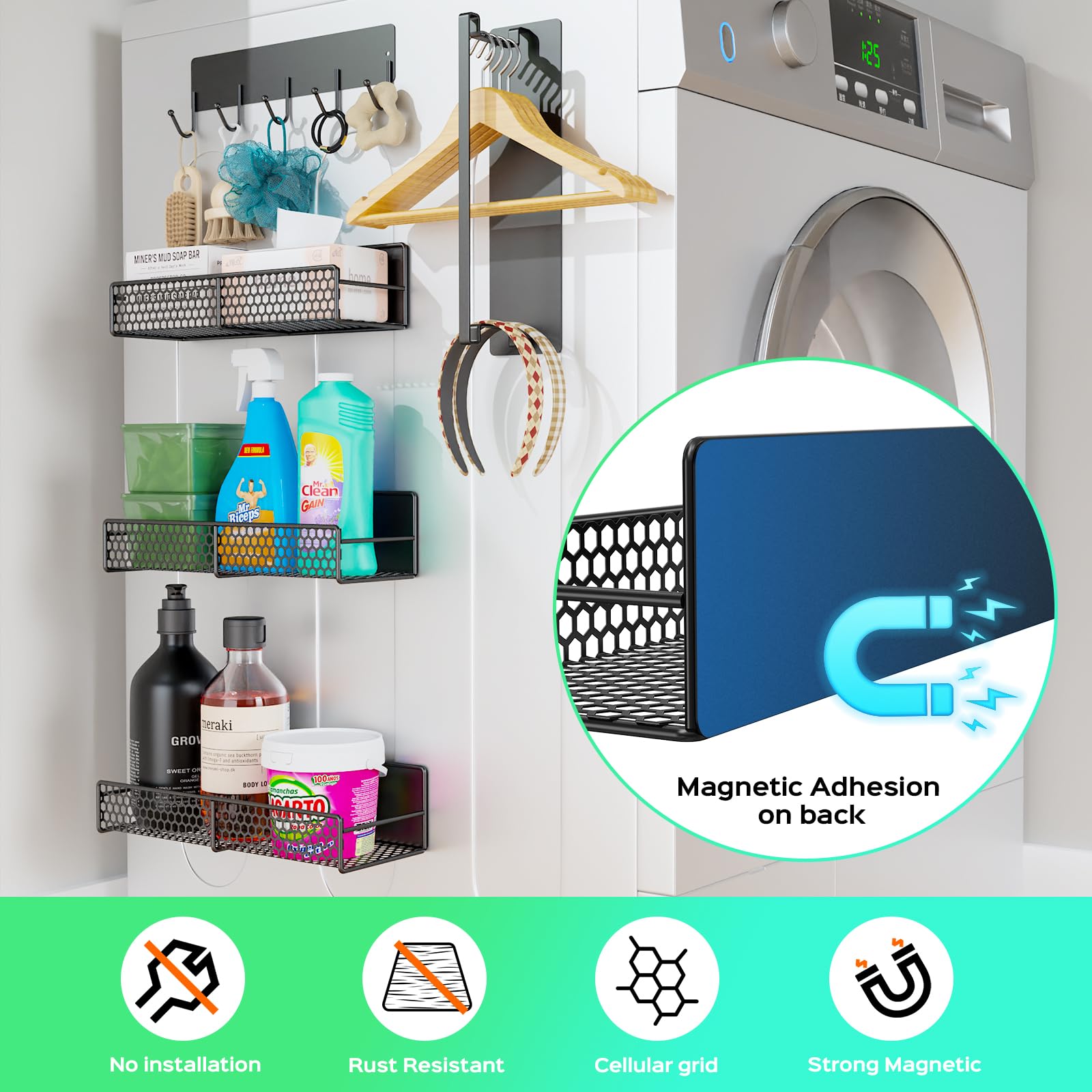 Aston Elder magnetic shelves organize spices on the fridge for quick access.