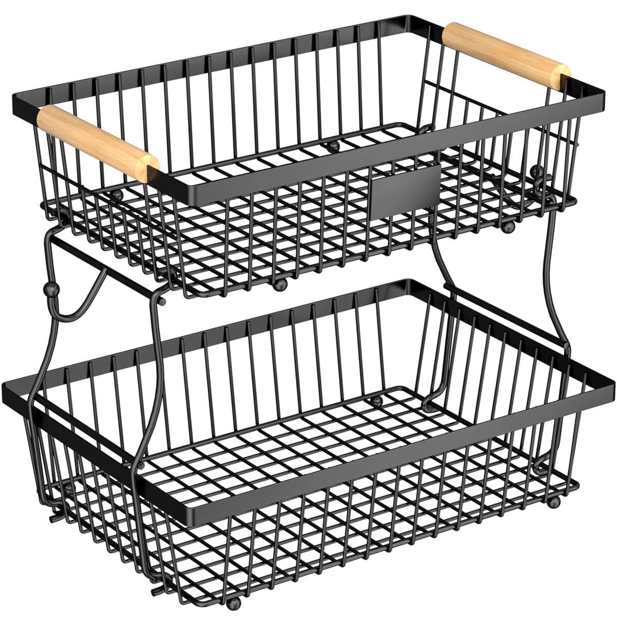 Astrorhine 2-tier black fruit basket, front view, doubles kitchen storage.