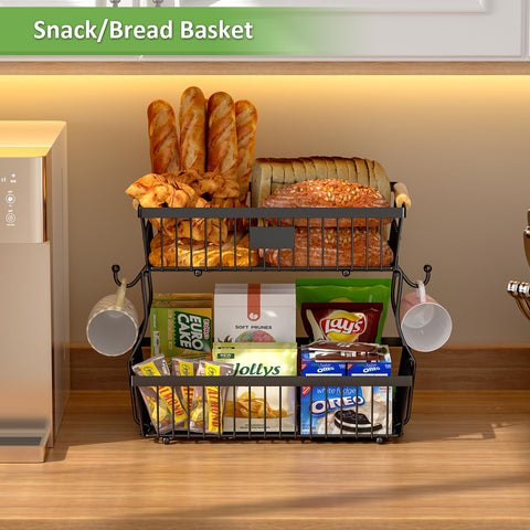 Astrorhine countertop bread basket with wooden handle for easy transport.