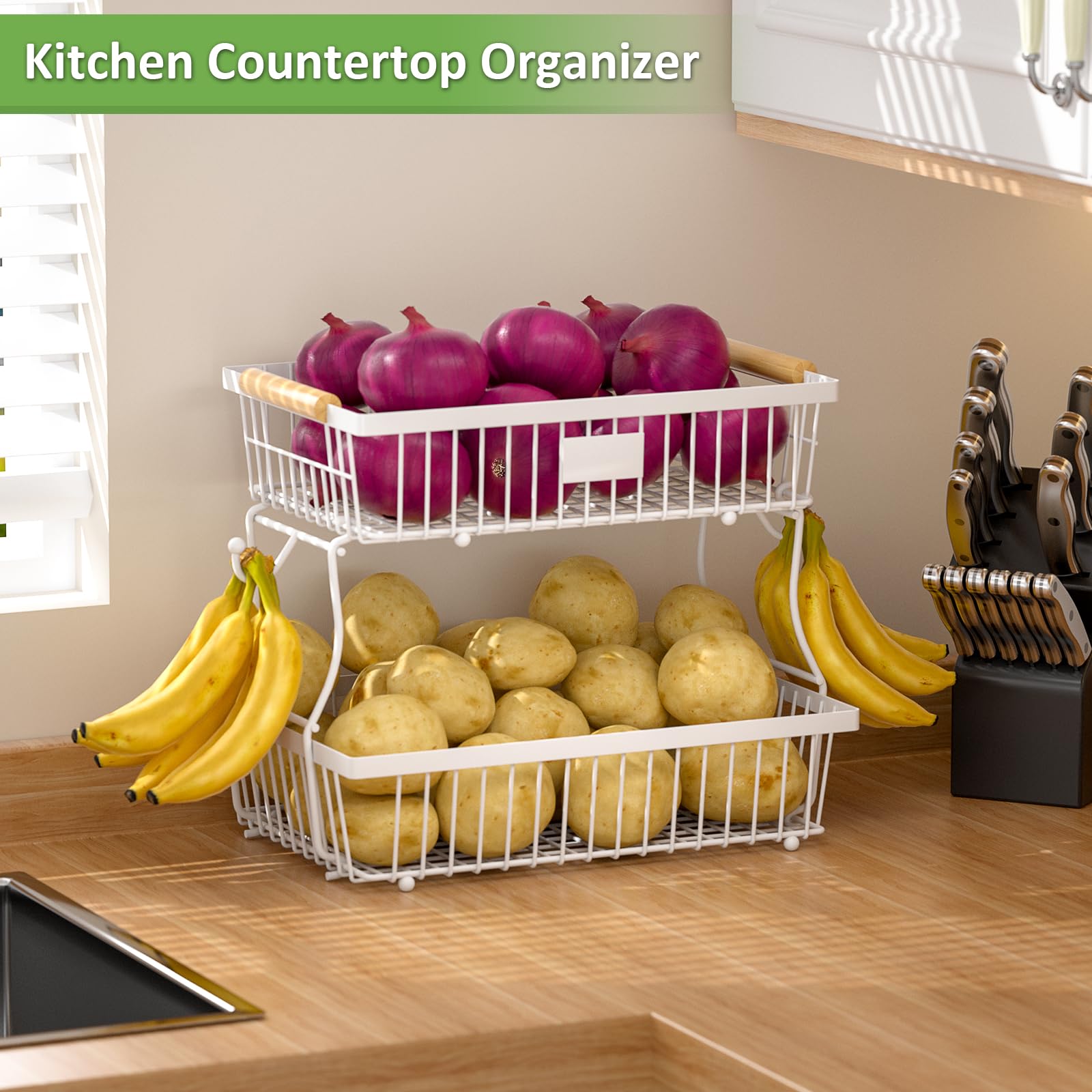 Astrorhine Metal bread basket with wooden handle complements kitchen décor.