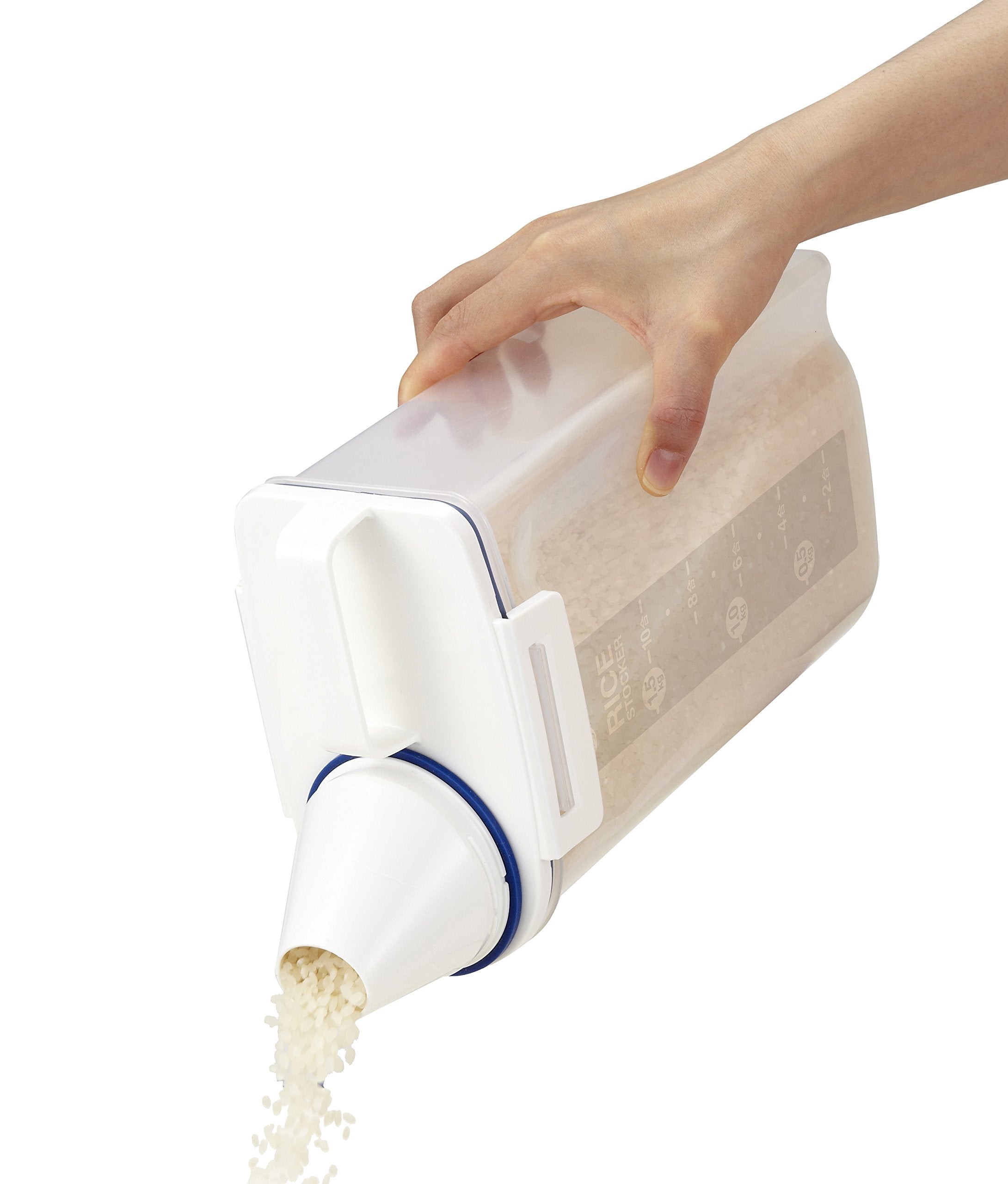 Asvel 7509 clear plastic container includes a measuring cup that screws onto the spout.