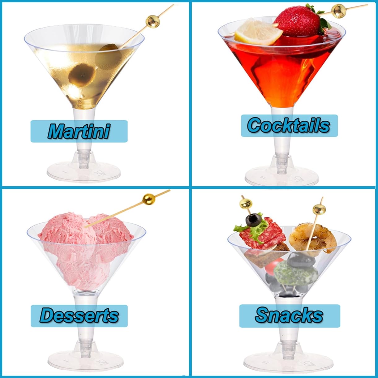 Asxtexz stackable plastic martini glasses for easy transport and reuse.