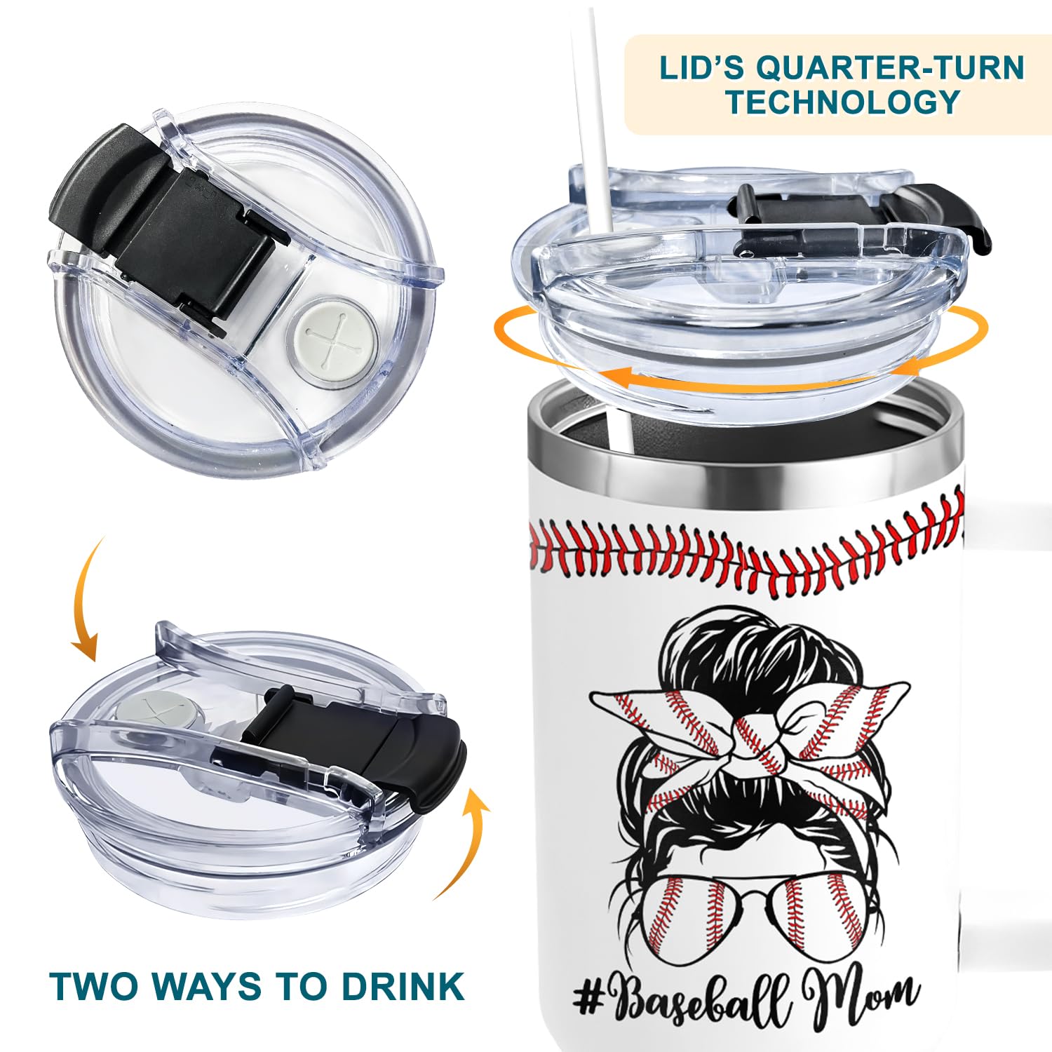 AT2Z GLOBAL push-on lid on the Baseball Mom tumbler for spill-free sipping.