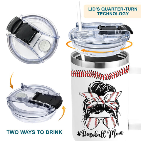 AT2Z GLOBAL push-on lid on the Baseball Mom tumbler for spill-free sipping.