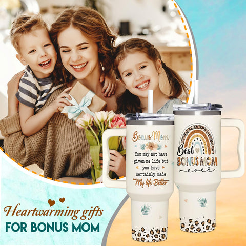 AT2Z GLOBAL Bonus Mom 40 oz tumbler with lid, keeps beverages at the right temperature.