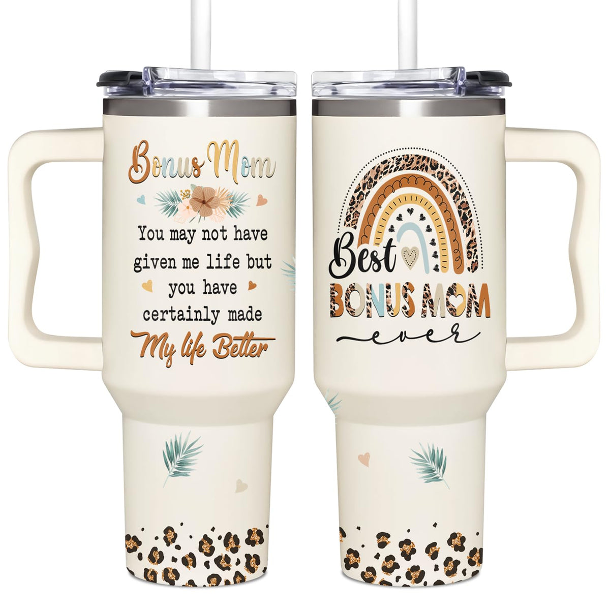 AT2Z GLOBAL Bonus Mom tumbler with handle, ideal for on-the-go hot coffee.