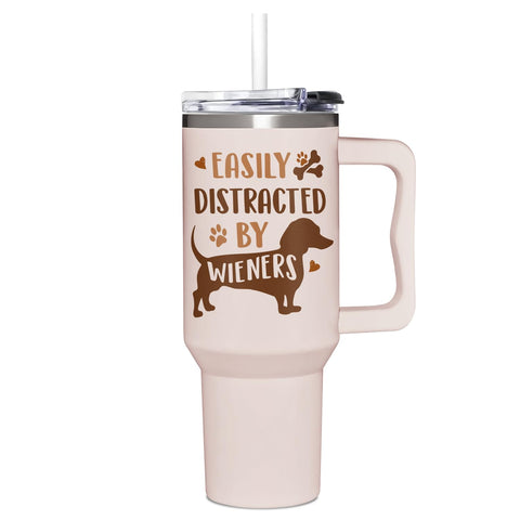 AT2Z GLOBAL Dachshund tumbler with handle keeps drinks warm or cool on the go.