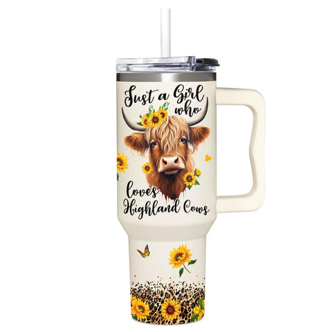 AT2Z GLOBAL Highland Cow tumbler with handle and straw for on-the-go hydration.