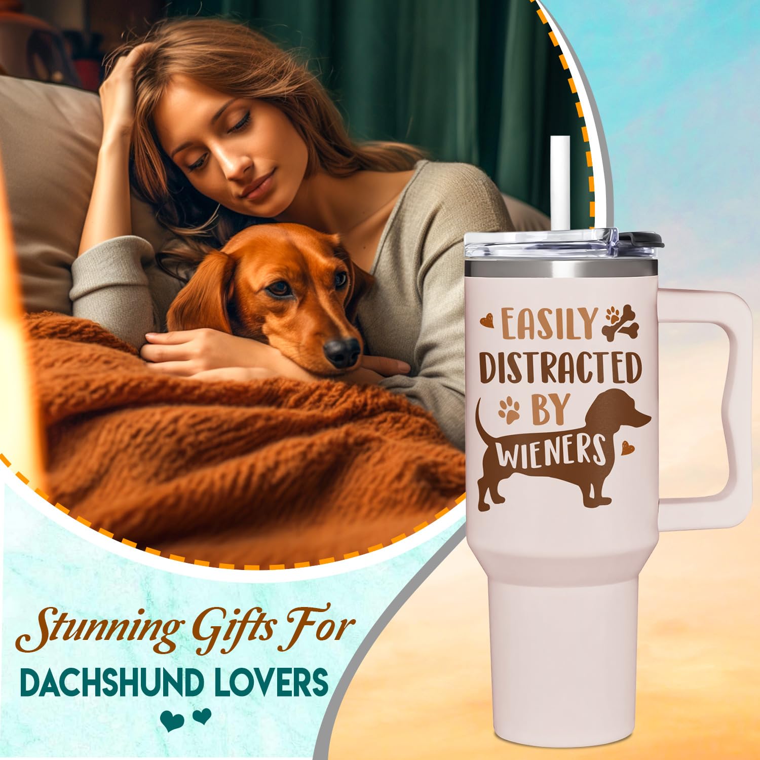 AT2Z GLOBAL Wiener dog gift tumbler with straw ideal for on-the-go hydration.