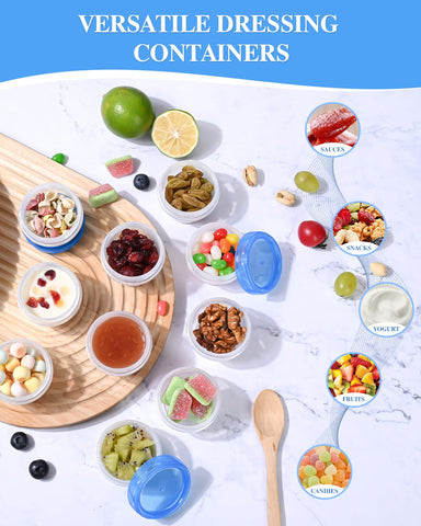Atecare 2oz condiment containers that are stackable for compact fridge storage.