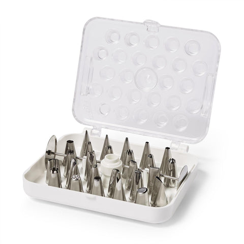 Ateco 29-piece cake decorating set with storage box for easy organization.