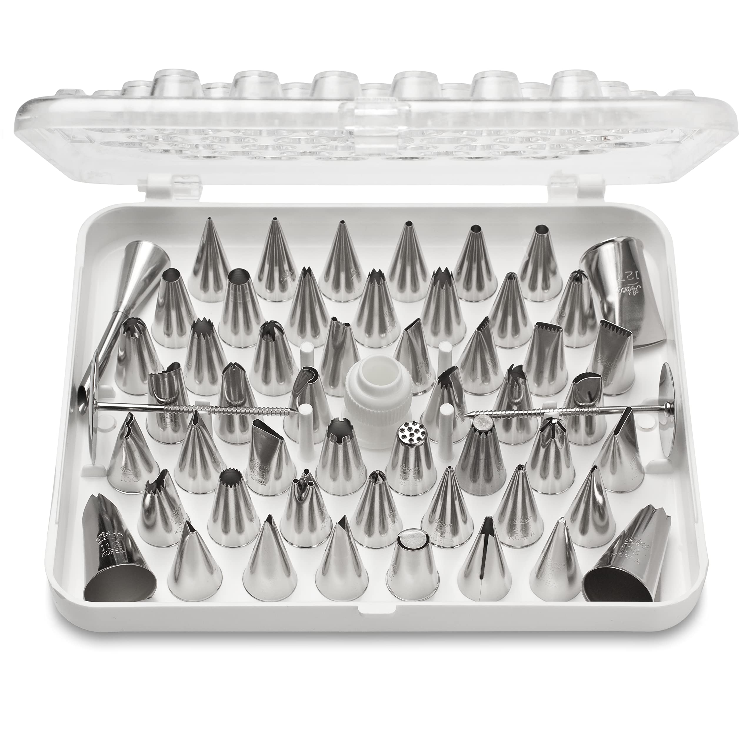 Ateco 52-piece cake decorating set with stainless steel tips for precise piping.
